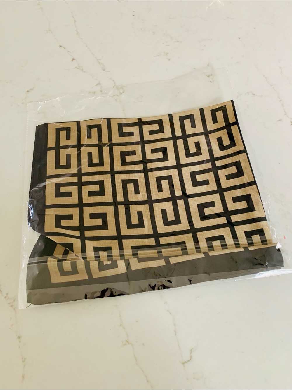 Greek Key Square Silk Scarf Geometric Pattern Black Beige Bandana Neckerchief